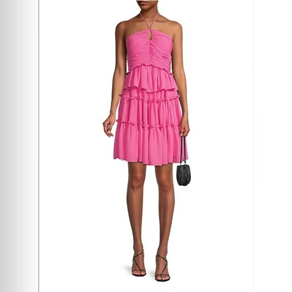 ONE33 SOCIAL Pink Fuchsia Tiered Ruffle Halter Above Knee Cocktail Dress Size 6 - Picture 2 of 8